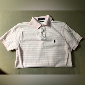 Polo tshirt in pink and white striped is size 6